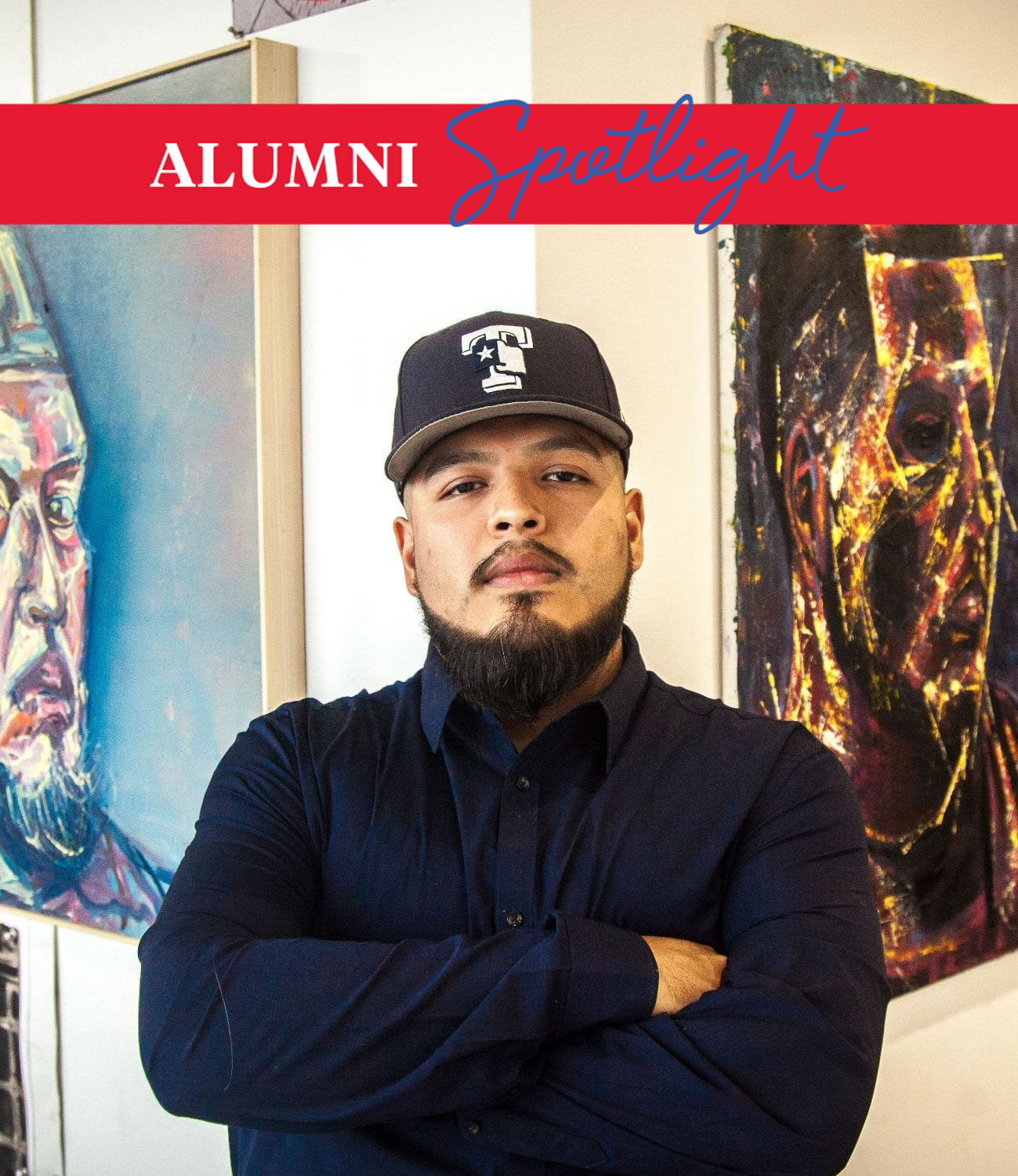 Nicolás González stands with work in his art collective and studio, Gallery 86.