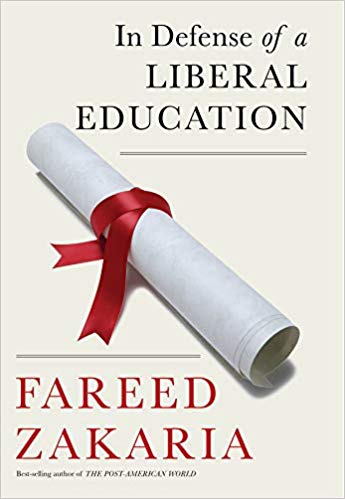 Cover of book by Fareed Zakaria: In Defense of a Liberal Education. Cover is beige with a diploma scroll image on the left with a red ribbon tie.