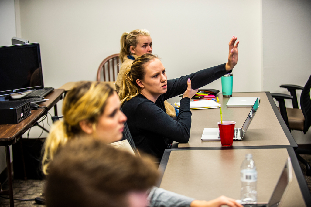 Student raising their hand in class